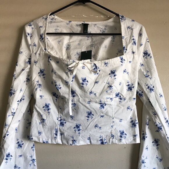 Wild Fable Women's Long Sleeve Cotton Milkmaid Top Cream & Blue Floral Size S - Picture 6 of 7